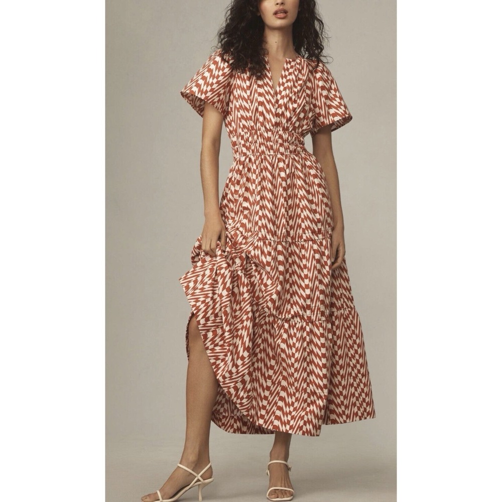 Anthropologie Somerset Maxi Dress M Red Rose Geometric Puff Sleeve Cottagecore